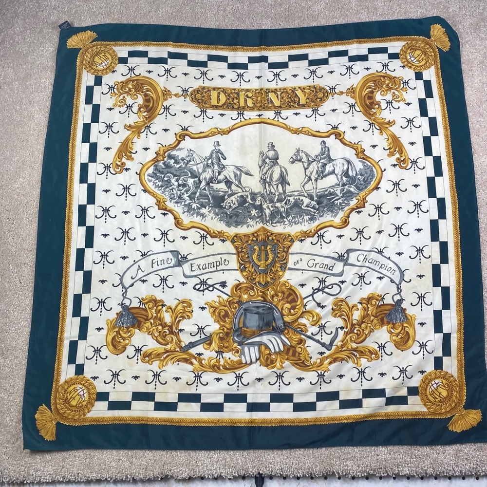 DKNY Vintage Silk Scarf Equestrian Horse Hunt Green Gold Made in Paris 34x34